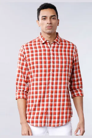 LocoMotive Men Rust Orange & Off-White Slim Fit Checked Casual Shirt