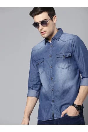 Dennis Lingo Men Blue Slim Fit Faded Casual Chambray Shirt