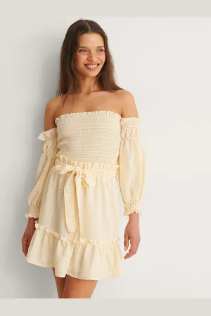 NA-KD Women Yellow & White Checked Off-Shoulder Smocked Crop Top