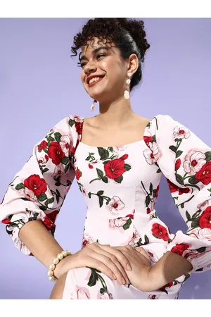 Berrylush Women Classic White Floral Puff Sleeves Dress