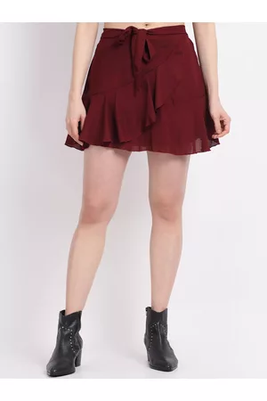 La Zoire Women Maroon Solid Ruffled Tie-Up Mini Skirts