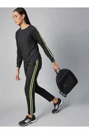 StyleStone Women Cotton Charcoal Solid With Lime Green Side Taping Tracksuit