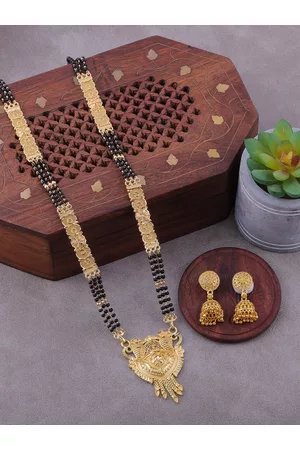 Brandsoon Gold-Plated & Black Beaded Mangalsutra With Earrings