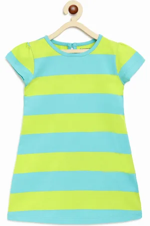 Campana Girls Turquoise Blue & Fluorescent Green Striped A-Line Dress