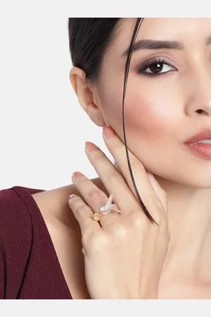 I Jewels Yellow Rose Gold Plated Bird Design CZ American Diamond Adjustable Finger Ring