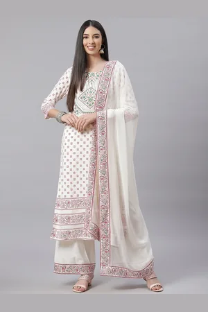 Tulsattva Women Off-White & Maron Ethnic Motifs Print Kurta with Palazzos & Dupatta