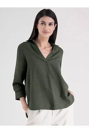 FableStreet Women Olive Green High-Low Top With Pleat Detail
