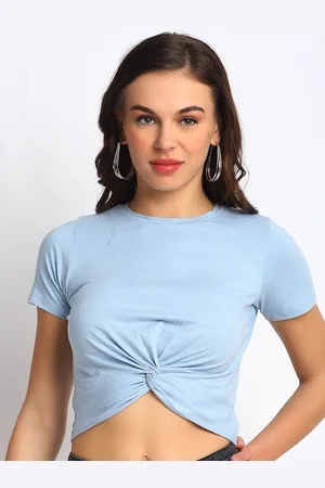 DOOR74 Woman Blue Front Knot Crop Top
