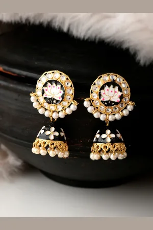 Silvermerc Designs Women Black & Gold-Toned Kundan Studded Contemporary Drop Earrings