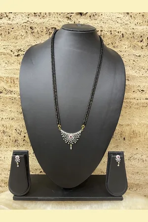 Digital Dress Room Gold-Plated & Black Stone-Studded Beaded Mangalsutra With Earrings