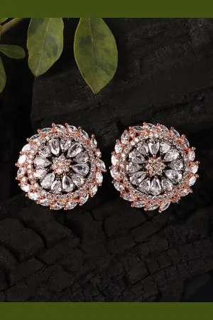 JEWELS GEHNA White Rhodium-Plated Floral American Diamond Studs Earrings