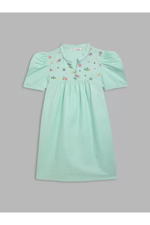 Elle Girls Sea Green Embroidered Detail Puff Sleeves A-Line Dress