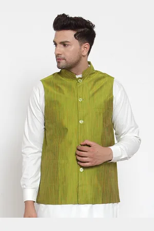 Jompers Men Green Solid Pure Cotton Embellished Nehru Jacket