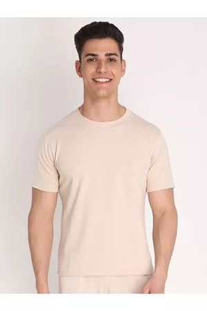 CHKOKKO Men Beige Solid Cotton T-shirt