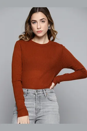 Chemistry Women Rust Orange Self-Striped Pullover