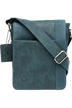 WildHorn Men Blue Solid Leather Sling Messenger Bag