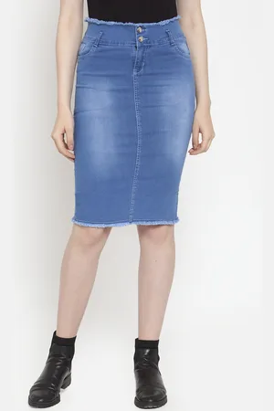 Purple Feather Blue Straight High Waist Denim Stretchable Skirt