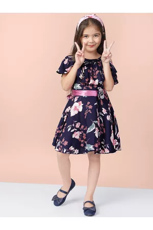 naughty ninos Girls Navy Blue Printed Fit and Flare Dress