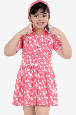 naughty ninos Girls Pink & White Floral Printed Fit & Flare Mini Dress