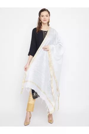 Clora Creation White & Gold-Toned Cotton Tussar Dupatta