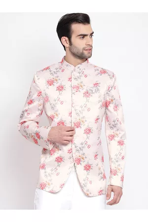 Vastramay Men Peach & Pink Printed Tailored-Fit Bandhgala Blazer