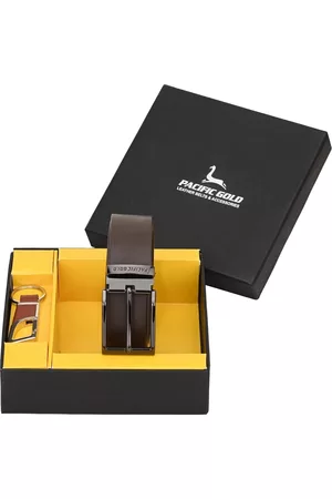 Pacific Men Brown & Silver-Toned Genuine Leather Accessory Gift Set