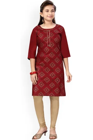 Aarika Girls Maroon & Beige Ethnic Motifs Printed Pure Cotton Kurta with Churidar