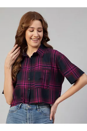 Chimpaaanzee Women Navy Blue & Pink Boxy Checked Casual Shirt