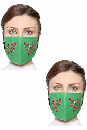 Anekaant Pack of 2 Green & Pink 3-Ply Floral Embroidered Reusable Fabric Masks