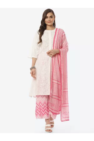 Biba Women White Ethnic Motifs Panelled Pure Cotton Kurta with Palazzos & With Dupatta