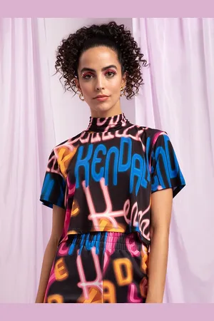 KENDALL + KYLIE Women Multicoloured Typography Printed Extended Sleeves Oversized T-shirt