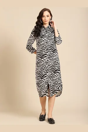 DODO & MOA Women White & Black Animal Crepe Shirt Midi Dress