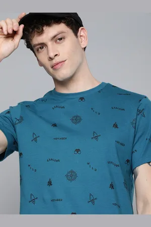 HARVARD Men Teal Blue Black Printed Round Neck Pure Cotton T-shirt