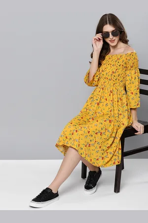 STREET 9 Women Yellow & Red Printed Off-Shoulder Fit & Flare Dress