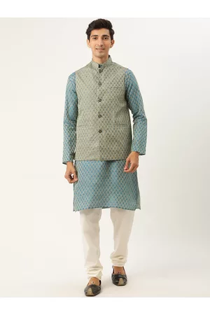 SOJANYA Men Teal Blue & Green Ethnic Motifs Kurta with Churidar & Nehru Jacket