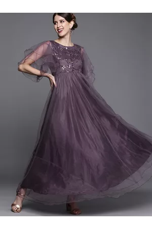 Inddus Women Mauve Floral Sequinned Embroidered Sheer Festive Gown