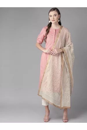 anayna Beige & Golden Kota Doriya Block Printed Dupatta