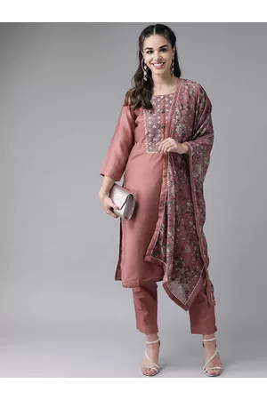 Ishin Women Mauve & White Embroidered Kurta with Trousers & Dupatta