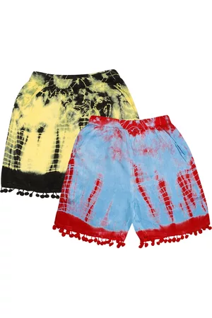 KiddoPanti Girls Pack of 2 Yellow & Blue Tie & Dye Dyed Shorts with Pom Pom Lace