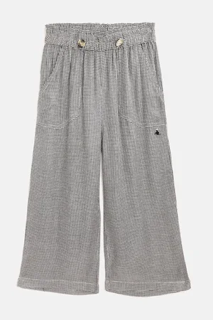 Cherry Crumble Girls White & Black Cotton Loose Fit Houndstooth Patterned Parallel Trouser