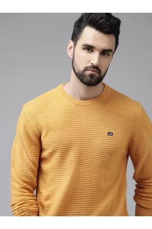 Arrow Men Yellow Striped Self Design Acrylic Pullover