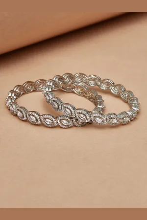 Voylla Set Of 2 Rhodium-Plated Silver-Toned White Stone-Studded Bangles