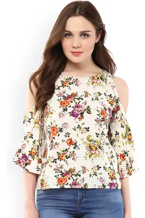 Harpa Women White Floral Printed Regular Cold Shoulder Top