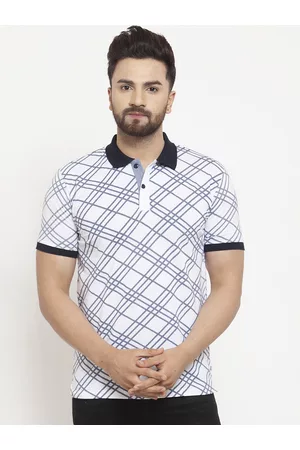 WILD WEST Men White & Blue Checked Polo Collar T-shirt