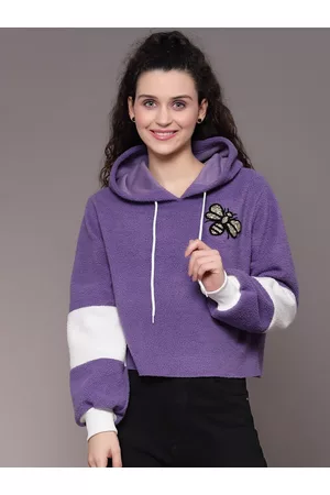 KASSUALLY Women Lavender Hooded Faux Fur Sweatshirt