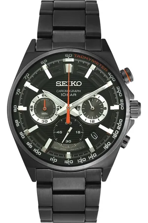 Seiko Men Black Dial & Black Stainless Steel Bracelet Style Straps Analogue Watch