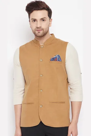 Even Men Brown Woven Design Nehru Jacket
