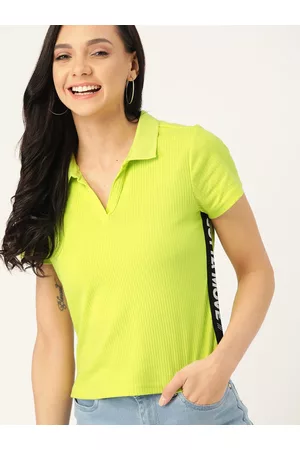 DressBerry Women Fluorescent Green Ribbed Spread Collar T-shirt