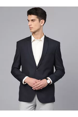 MANQ Men Navy Blue Slim Fit Solid Single Breasted Formal Blazer