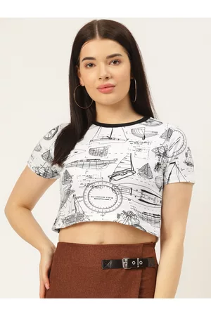 Rodzen Women White Black Printed Monochrome Pure Cotton Slim Fit Pure Cotton T-shirt